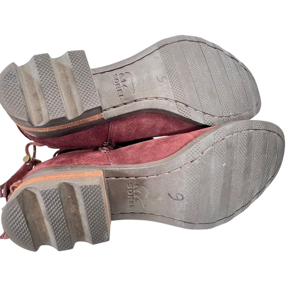 Sorel Womens Burgundy Suede Ankle Boots Wraparound Tassel Laces Low Block Heel - Picture 12 of 16